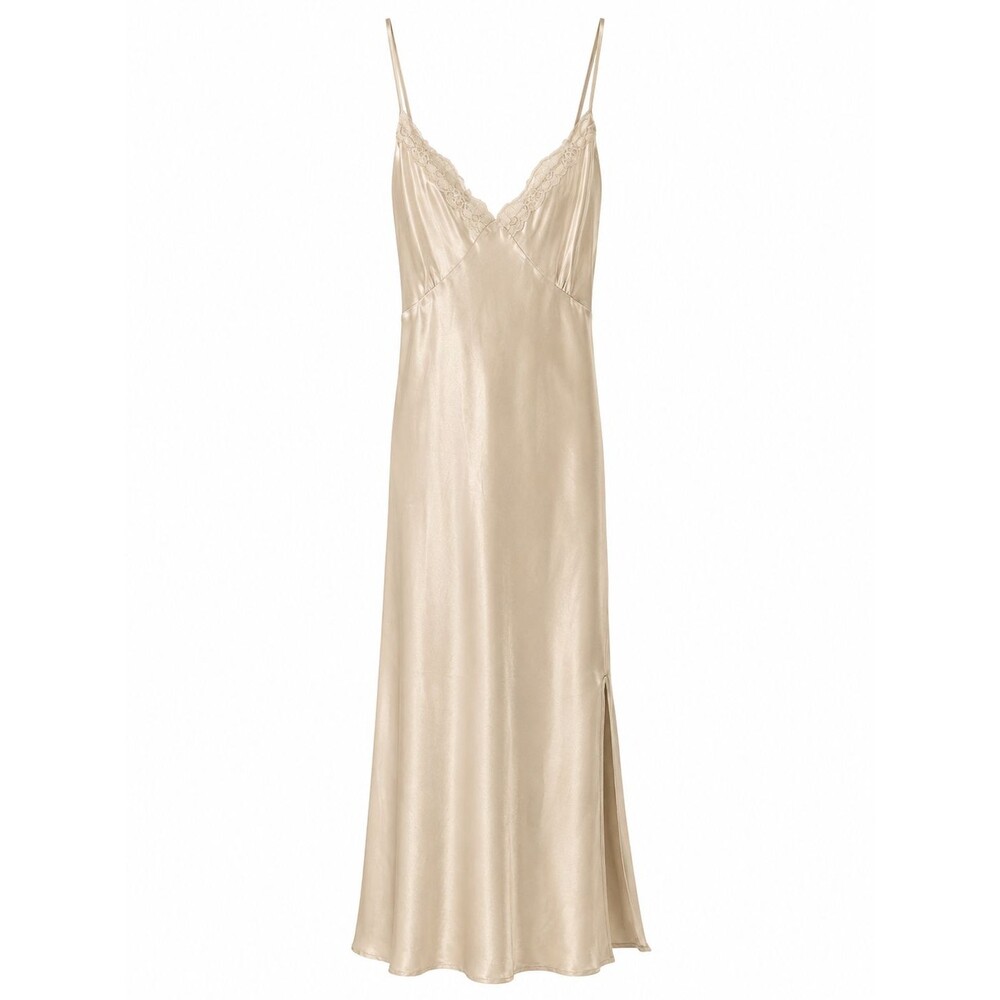 Alcea Rosea Nightgown Size M Beige Satin Lace Trim Maxi Slip Gown